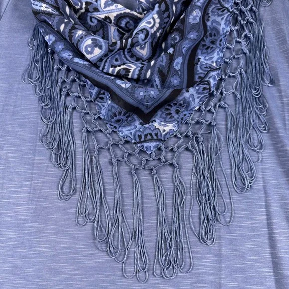 Paisley Tunic Top With Fringe Scarf Blue Size XL One World Boho Peasant Gypsy - Picture 4 of 8